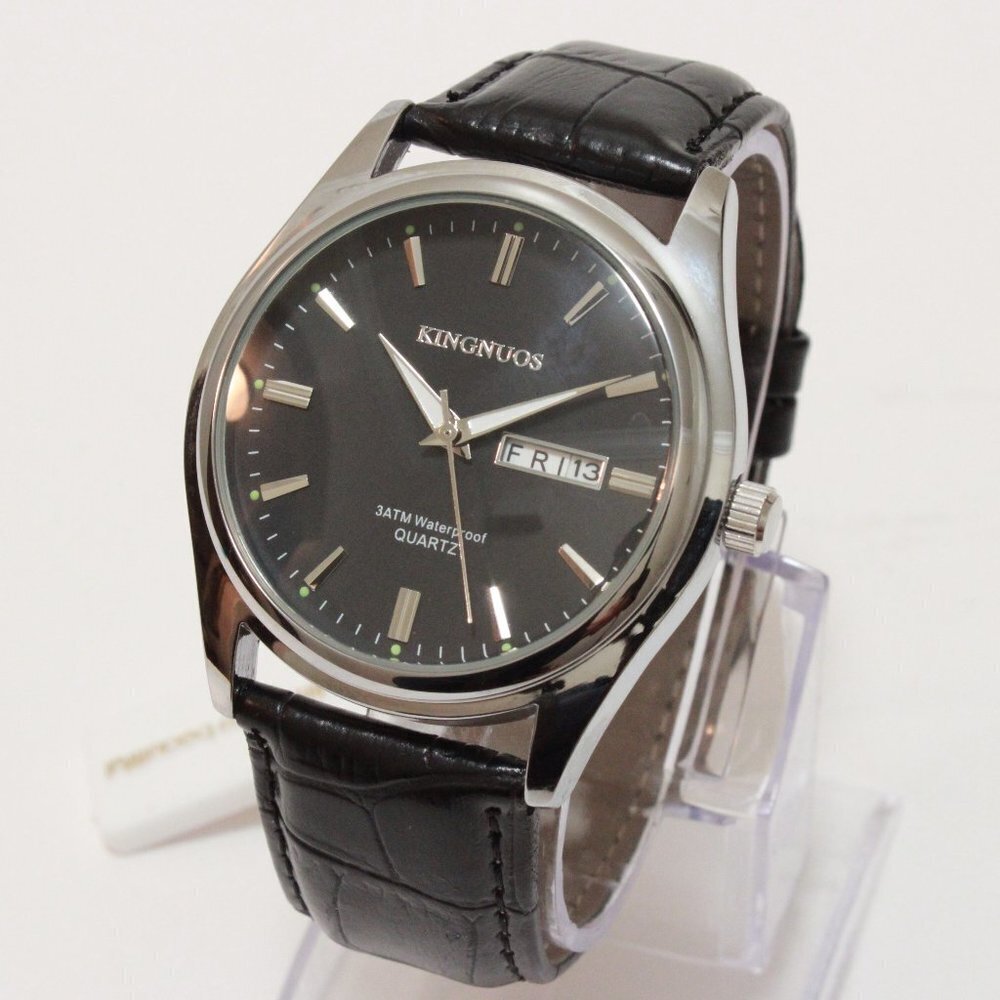 Men's Contemporary Dress Watch Silver Case Black Leather Watch Strap 40mm - Picture 4 of 13